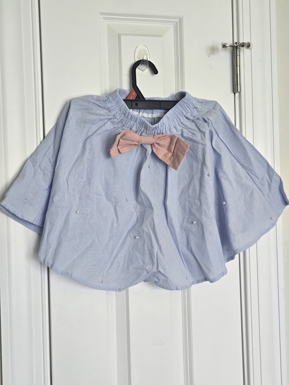 Light Blue Girls' Pearl-Accent Top with Pink Bow